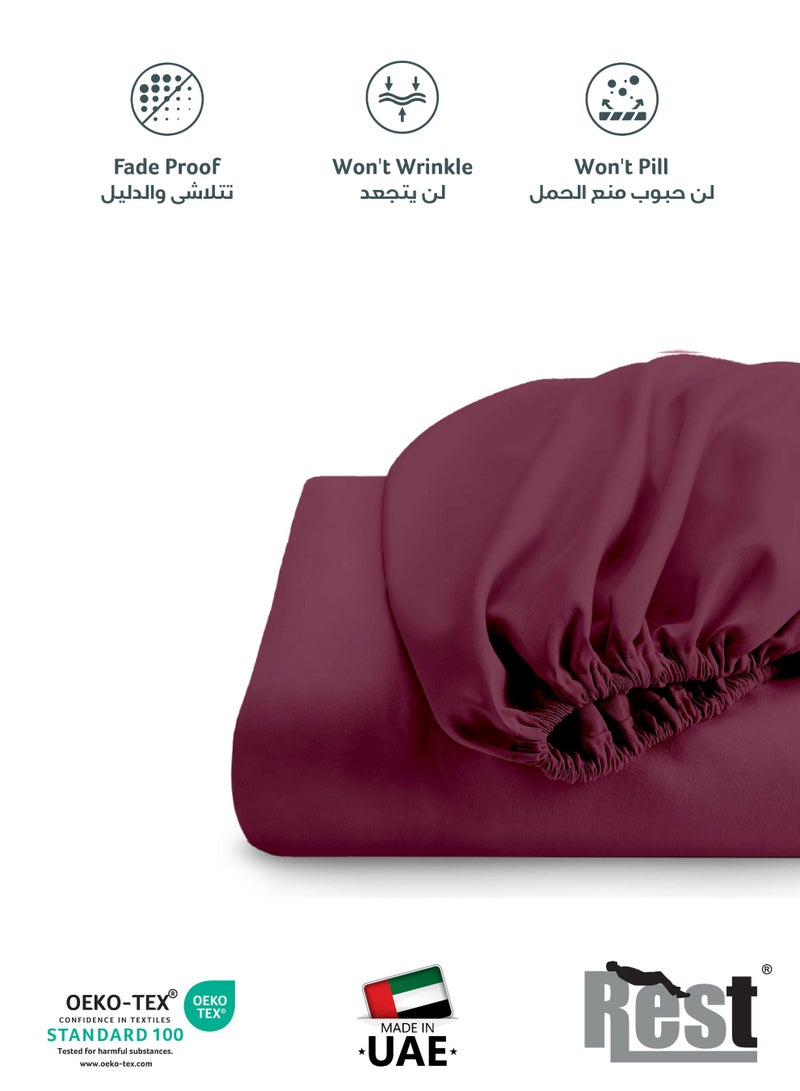 REST 3-Piece Burgundy Plush 160x200+30cm Fitted Bedsheet Set Includes 1 Deep Pocket Fitted Bedsheet and 2 Pillow Covers, Breathable and Machine Washable - Image 5